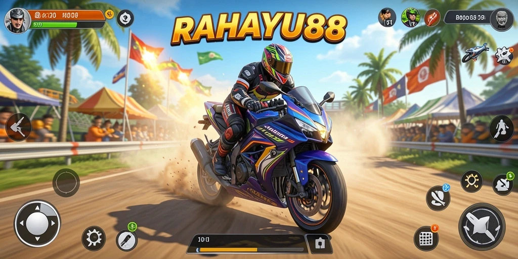 Gameplay RAHAYU88 menampilkan balapan motor yang seru dan kompetitif.