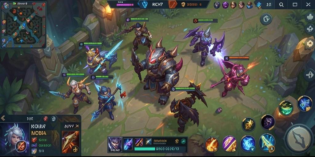 Screenshot gameplay RICH7 yang menampilkan aksi seru di arena MOBA.